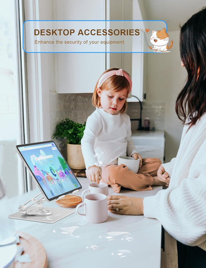 Tablet Stand 360° Rotating Aluminum Holder, Adjustable, Portable and Foldable Monitors Stand for iPads, Compatible with 4-12.9" Tablets, Silver