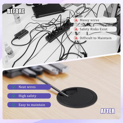 12 Desk Grommet, Desk Hole Cover, Large Capacity, Detachable and Adjustable Cable Organizer, Suitable for Organizing Home and Office Cables (Black, 2 Inches)