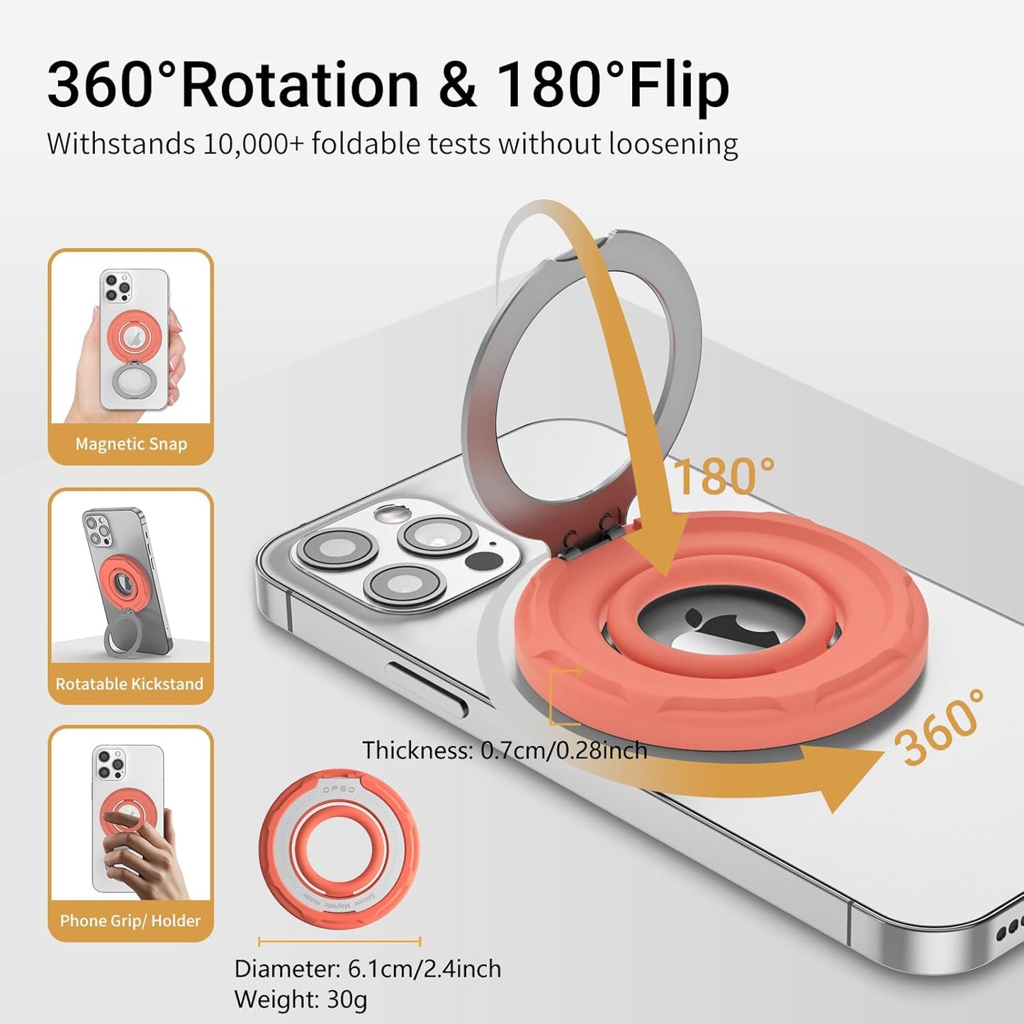 OPSO Magnetic Phone Ring Holder for MagSafe, 360 Degree Rotation Silicone Finger Ring Grip Stand Holder, Adjustable Kickstand, Compatible with iPhone 16 15 14 13 12/Pro/Max, Samsung and All Smartphone