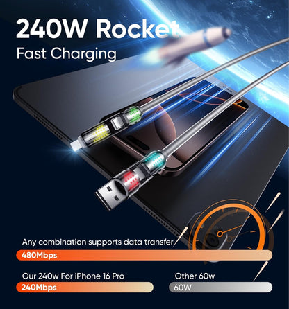 MAGIC JOHN 240W 4 in 1 Charging Cable, 6.6FT USB C to Lightning Cable [MFi Certified], Chubby USB A/C to C/Lightning with Light for iPhone/MacBook/iPad/Samsung/Switch 2, Multi Chargers for All Devices