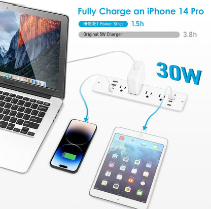 HHSOET 16 in 1 Recessed Power Strip Flat Plug, 30W Fast Charging Furniture Outlet with USB, Conference Recessed Surge Protection with 8 AC Plugs, 4 USB Ports 4 USB-C, 6ft Power Cord.(White)