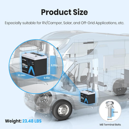 12.8V 100Ah Upgrade Group 24 Lithium LiFePO4 Battery, Built-in 100A BMS Rechargeable Battery, Low/High Temperature Cutoff Protection, Perfect for RV, Boat, Off-Grid, Solar Energy System, Backup Power