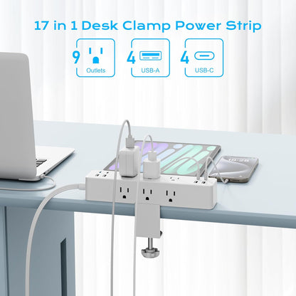 Flat Plug Desk Clamp Power Strip 10FT, 24W Total Charging Station, Desk Edge Mount Power Strip 9 AC Outlets 8 USB Ports Surge Protector, Fit 1.7" Tabletop Edge, Home Office Accessories, White
