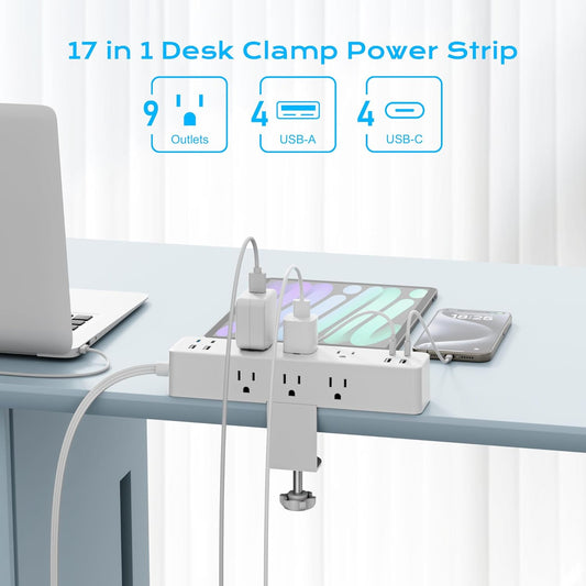 Flat Plug Desk Clamp Power Strip 10FT, 24W Total Charging Station, Desk Edge Mount Power Strip 9 AC Outlets 8 USB Ports Surge Protector, Fit 1.7" Tabletop Edge, Home Office Accessories, White