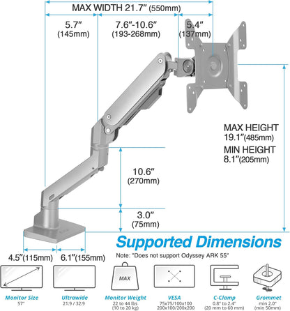 AVLT Single 34”-57” Monitor Arm Desk Mount fits One 44 lbs Heavy Duty Screen Full Motion Height Swivel Tilt Rotation Adjustable Gray Arm VESA 200x200 200x100 100x100 75x75