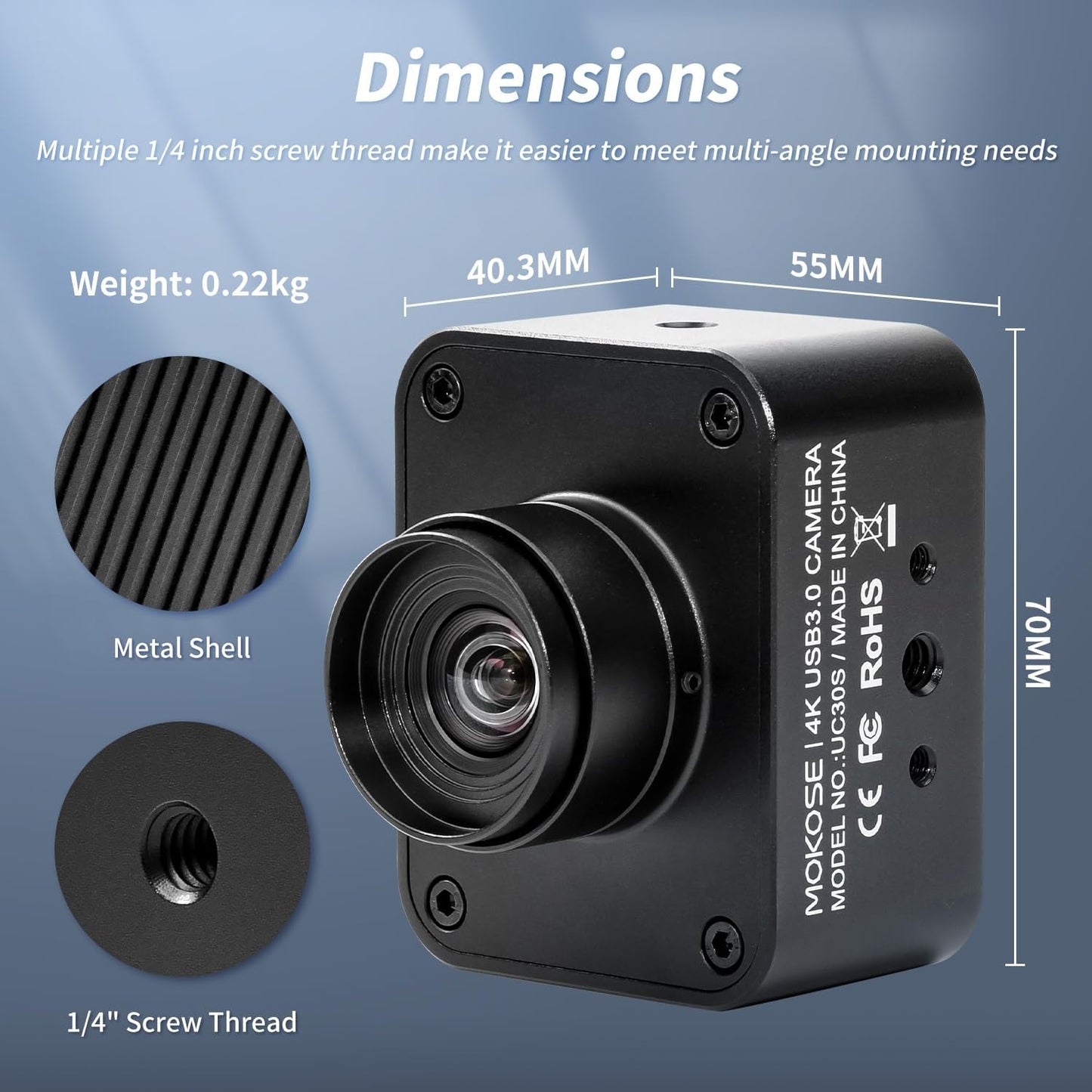 MOKOSE USB Camera 4K, USB3.0 Manual Focus Webcam with 4.2mm Wide Angle Lens, IMX678 1/1.8" 8MP Sensor Support YUY2, Web Camera for Desktop Computer Laptop