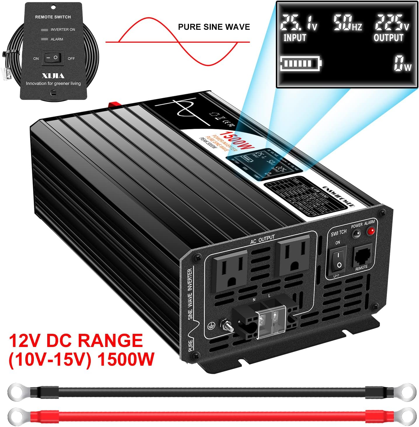 Xijia 1500W(Peak Power 3000W) Pure Sine Wave LCD-Display Solar Power DC 12V Inverter AC 120V 60HZ Solar Converter for Home Use car (DC12V (Range 10V-15V) 1500W