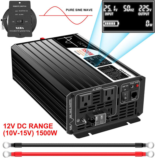 Xijia 1500W(Peak Power 3000W) Pure Sine Wave LCD-Display Solar Power DC 12V Inverter AC 120V 60HZ Solar Converter for Home Use car (DC12V (Range 10V-15V) 1500W