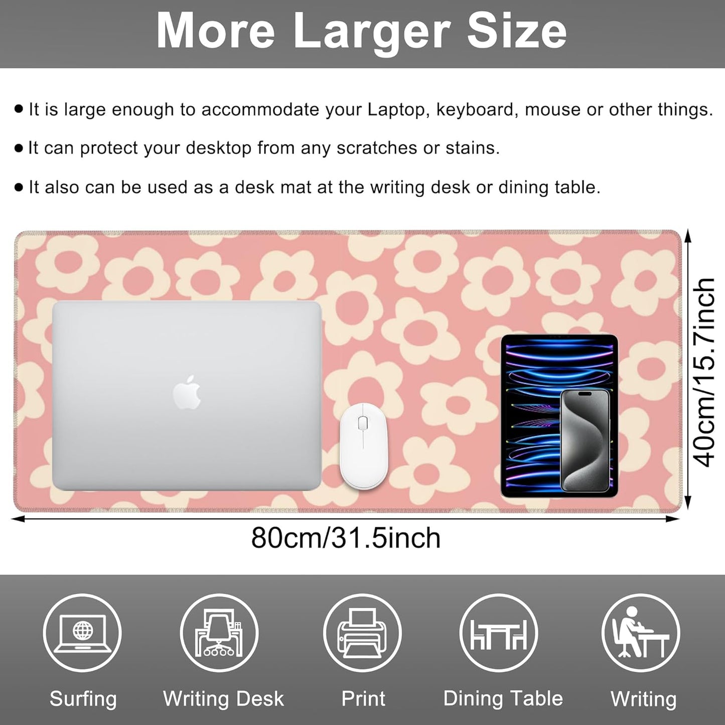 Mouse Pad, Large Pink Groovy Flowers Desk Mat, Extended Non-Slip Gaming Keyboard Mousepad Desk Pad, Thick Stitched Edges Waterproof Mouse Mat 31.5"x15.7" (Vintage Floral)