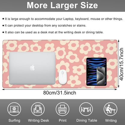 Mouse Pad, Large Pink Groovy Flowers Desk Mat, Extended Non-Slip Gaming Keyboard Mousepad Desk Pad, Thick Stitched Edges Waterproof Mouse Mat 31.5"x15.7" (Vintage Floral)