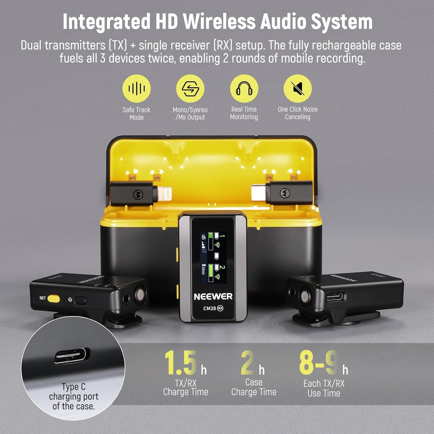 NEEWER CM28 Wireless Lavalier Microphone System with Charging Case Noise Canceling 4GB Storage 9Hrs Recording 48KHz 16 Bit Uncompressed Audio Lapel Mic Compatible with iPhone iPad Android PC Camera