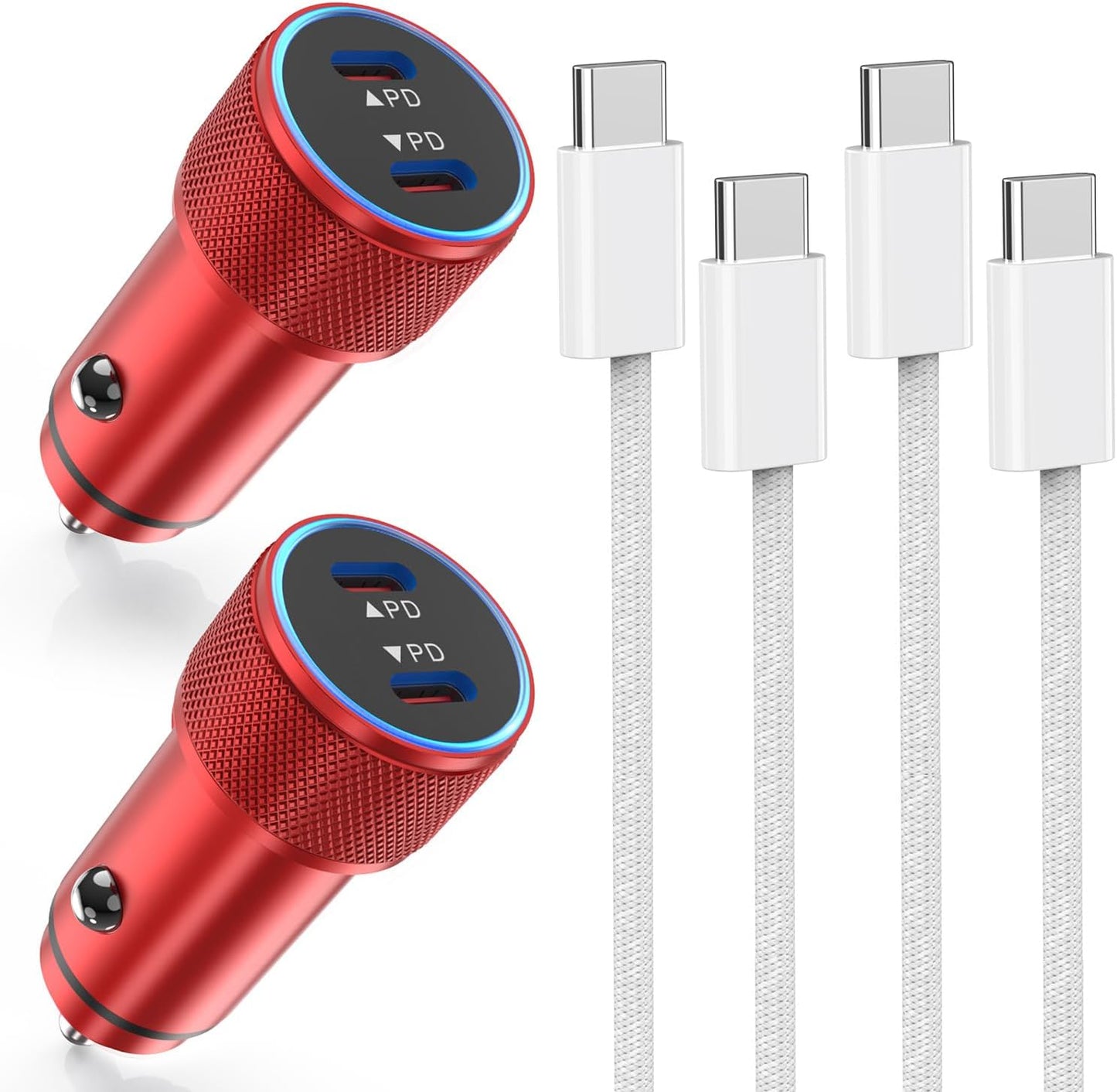 Fast Car Charger for iPhone 16,USB C Charging iPhone 2Pack Dual USB C Port Car Charger Block Cigarette Lighter Adapter Plug with Woven Braided USB C to USB C Cord for iPhone 16/16 Pro/15/iPad(Red)
