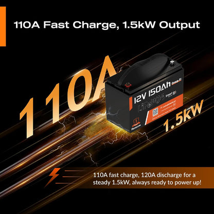 12V 150Ah LiFePO4 Lithium Battery BCI Group31 Bluetooth- Built-in 110A BMS, Deep Cycle Battery for Solar, RV, Marine, Off-Grid Applications - 15000+ Life Cycles, Safe & Lightweight