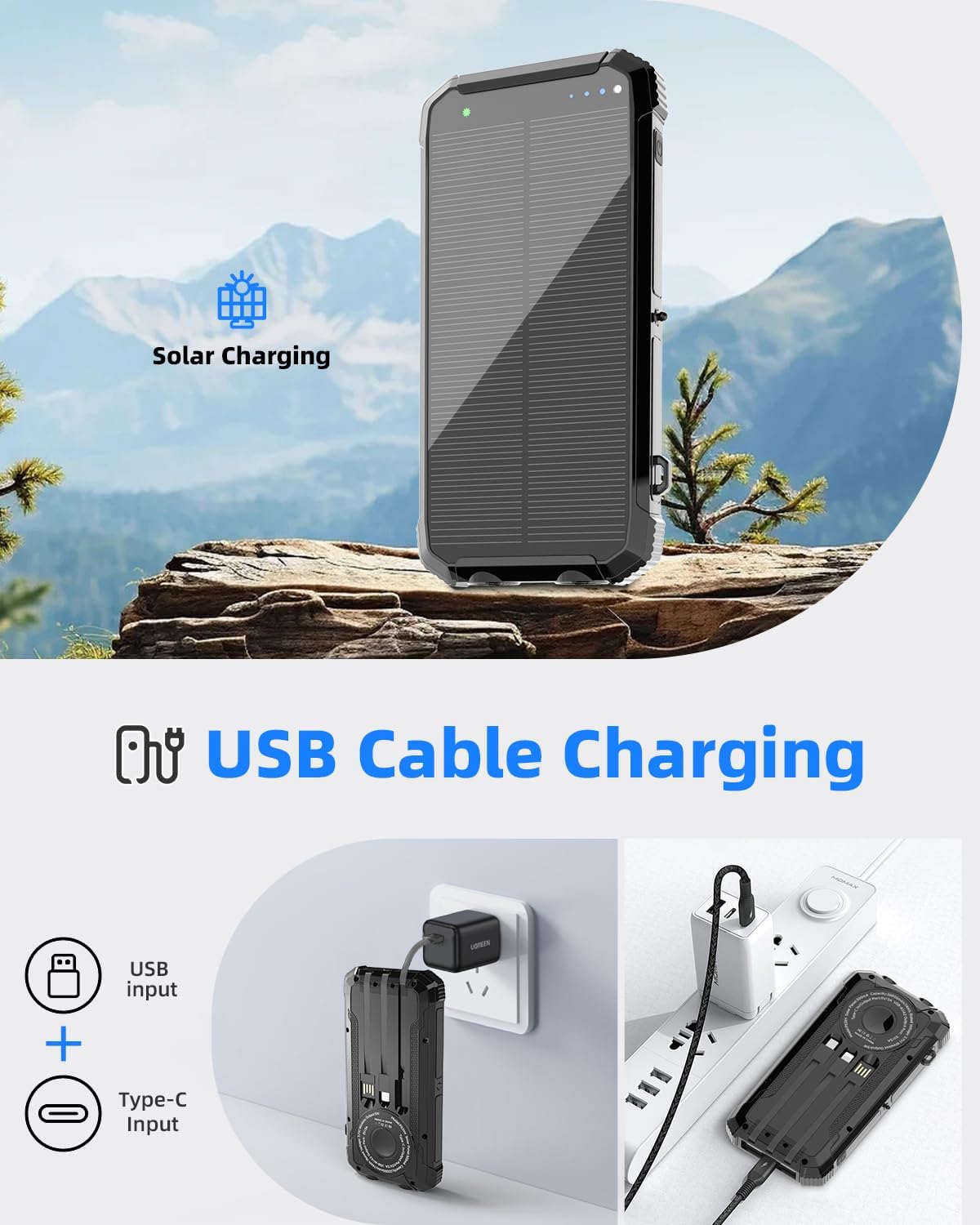 Solar Power Bank 20000mAh, Wireless Charger with 15W Fast Charging, 3 Data Cables, USB-C Output, Dual Flashlights, Portable Outdoor Battery Pack for iPhone, Samsung, and More, for Camping, Emergency