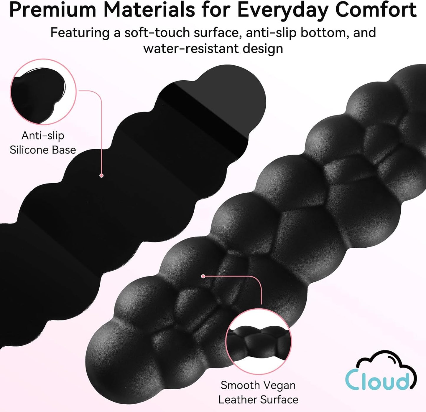Cloud Wrist Rest for Computer Keyboard, 4-in-1 Memory Foam Leather Cloud Keyboard Wrist Rest and Mouse Pad Set with Ergonomic Support for Arm and Palm Cushion, Gaming/Work Setup, Black