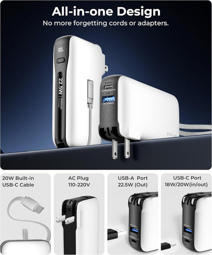 1 Pack Portable Charger with Built-in USB-C Cable & Plug, 10,000mAh 5V/4.5A Power Bank Fast Charging 22.5W, Travel Essential Battery Pack 3 Output for iPhone 16/15 Series, Samsung Galaxy, iPad