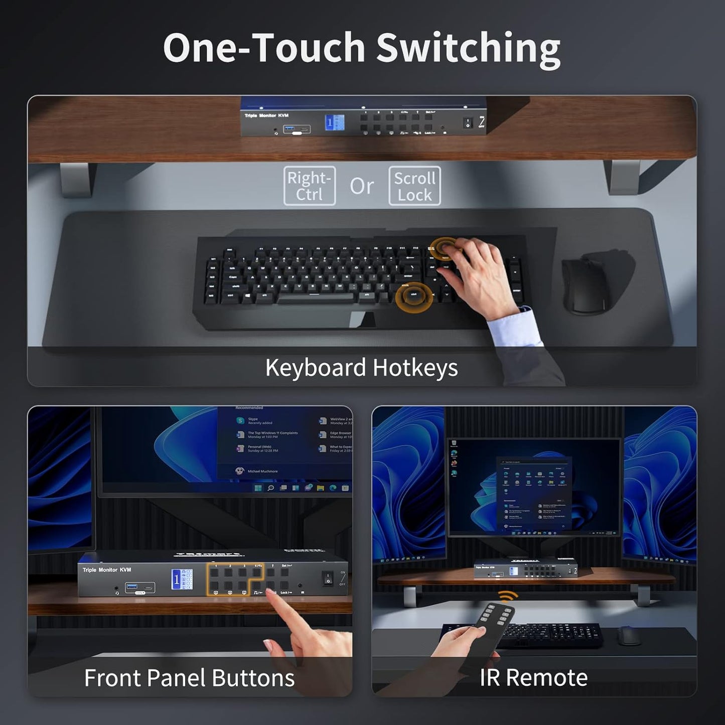 TESmart USB 3.0 HDMI KVM Switch 3 Monitors 4 Computers 4K@60Hz, Headset, Audio&Microphone, EDID emulators, Hotkey Switch, Wired Network, Rack-Ears, 4 Port Triple Monitor KVM Switch with All Cables