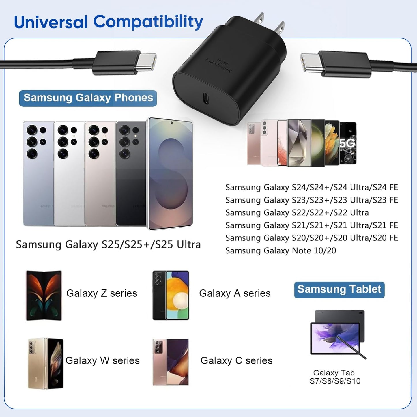 10FT Super Fast Charger Type C, 2Pack 25W USB C Wall Charge 10Foot Long Android Type C Charger Cable Fast Charging for Samsung Galaxy S25 Ultra/S25/S25+/S24+/S24 Ultra/S24/S24+/S23 Ultra/S22 Ultra/S21