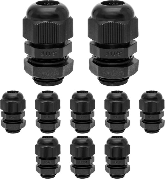 10 Pcs 3/8" NPT Nylon Cable Glands, IP68 Waterproof Adjustable Cord Grip Cable Connector Strain Relief Wire Protectors for 5-9mm Cable Diameter, Black