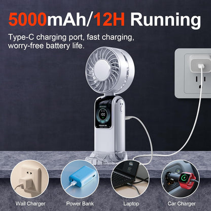 Blows Cold Air Portable Handheld Fan with Stand & Lanyard, 5000mAh USB-C Rechargeable Battery, 12H/5-Speed LED Display Mini Fan for Travel Beach Cruise Concerts Outdoor Events(White)