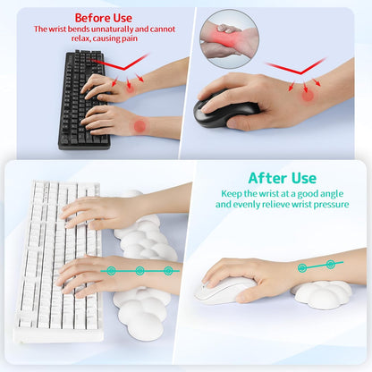Cloud Wrist Rest for Keyboard and Mouse, Memory Foam PU Leather Keyboard Wrist Rest with Ergonomic Support, Non-Slip Base, Cute Arm Rest Pad & Palm Cushion, Office Desk Accessory, White