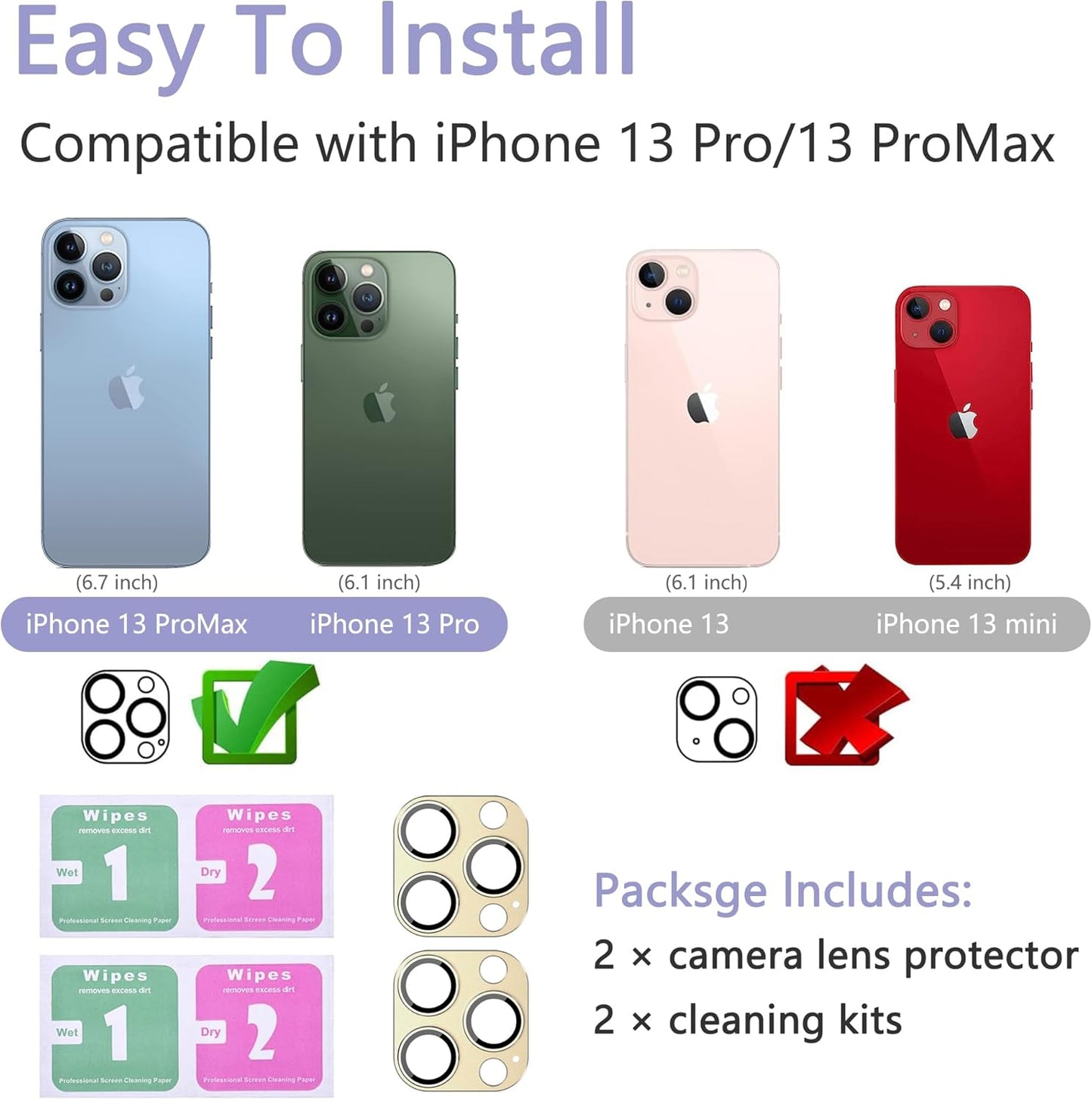 2 Pack Camera Lens Protector for iPhone 13 Pro/iPhone 13 Pro Max,[Not Easy to Breakn ] AR Tempered Glass Strong Adsorption Metal Camera Cover Screen-Gold