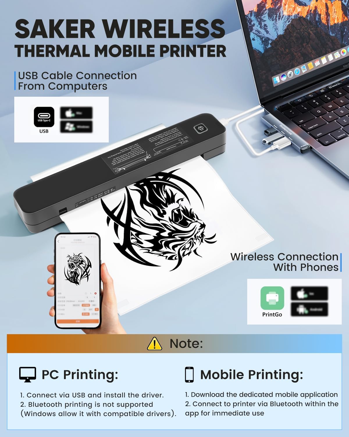 Saker Wireless Thermal Mobile Printer - Inkless, Portable Printer, Supports 8.5" X 11" US Letter & A4 Size, Compatible with Phone & Laptop - Ideal for Home, Car, Office & Travel