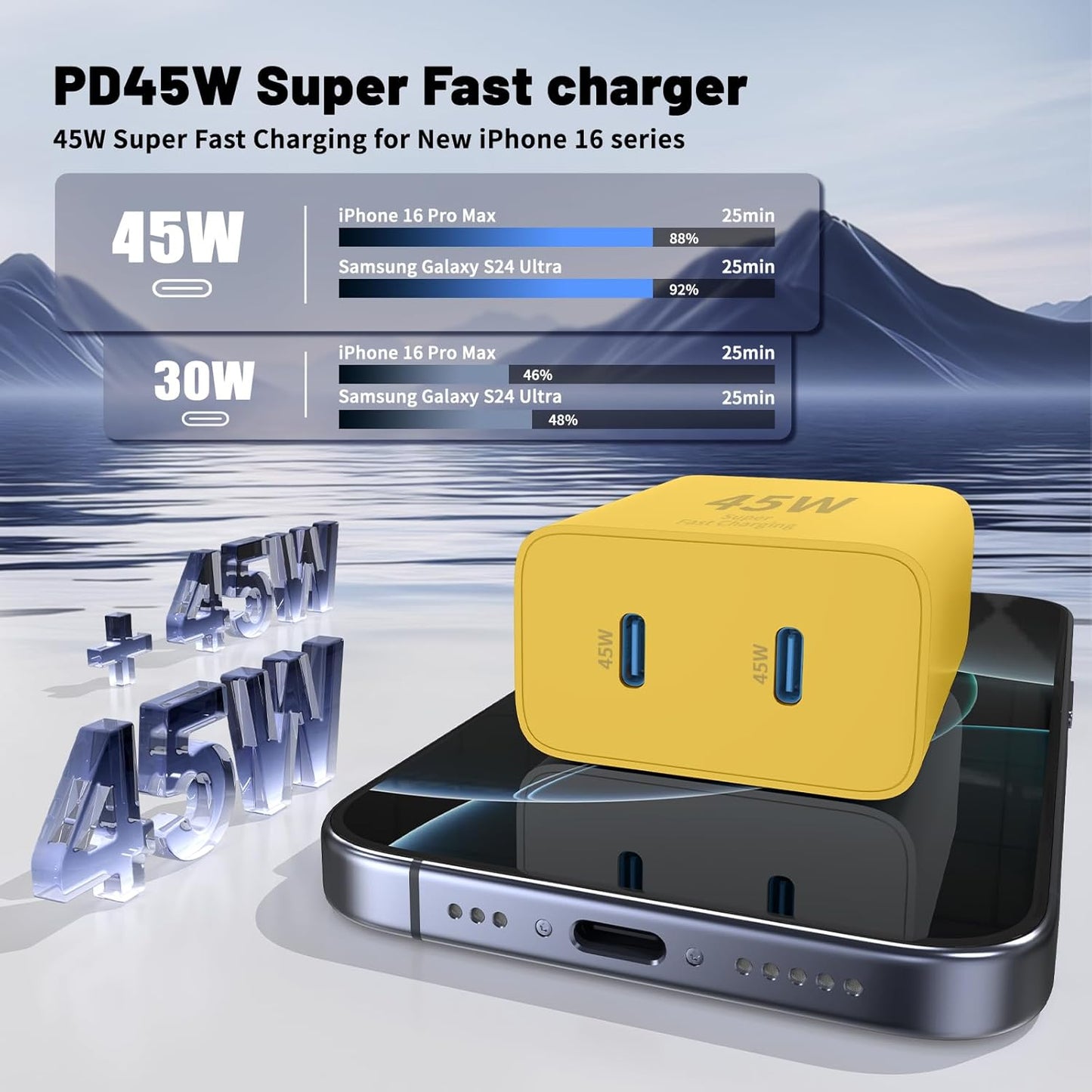 iPhone 16 15 Pro Max Charger Fast Charging,45W Dual Port USB C Fast Charger Block [2-Pack] & Extra Long 60W 3/6/10/10FT USB C Cable - PD Quick Adapter 3.0 for iPhone 16 15/16 15Pro/16 15 Plus.