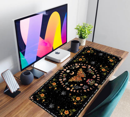 Moth Desk Pad Mushroom Phase Moon Phase Desk Mat, Boho Flowers and Leaves Computer Big Mouse Pad Washable Cloth Non-Slip Rubber Base Keyboard Pad Mouse Mat for Office with Stitched Eges 31.5x15.7 in