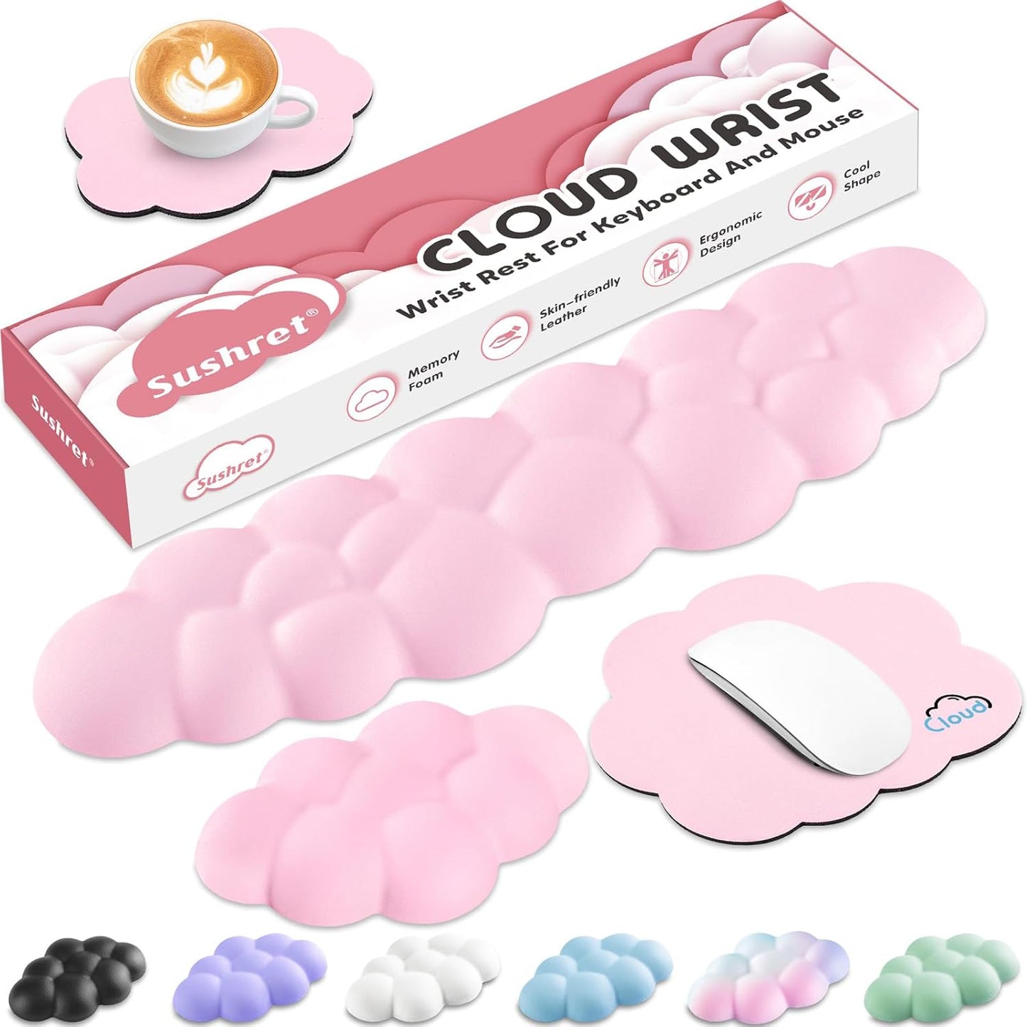 Cloud Wrist Rest for Computer Keyboard, 4-in-1 Memory Foam Leather Cloud Keyboard Wrist Rest and Mouse Pad Set with Ergonomic Support for Arm and Palm Cushion, Gaming/Work Setup, Pink