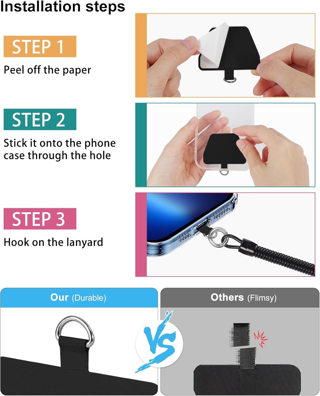 SHANSHUI Phone Lanyard Tether, Anti Theft Spring Phone Strap, 4 x Phone Pacthes & Climbing Hook Universal Phone Lanyard for Keys Outdoor Skiing Hiking Fishing Fitting for All Smartphones - 2PCS Black