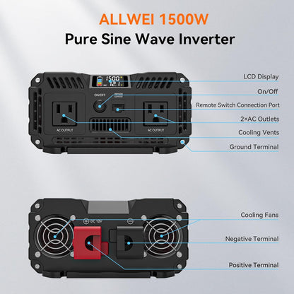 ALLWEI 1500W Pure Sine Wave Inverter 12V DC to 110V/120V AC Converter, Surge 3000W | Power Inverters Vehicles with 2 AC Outlets, RV Truck Boat Home Outdoor & Off-Grid Solar Inverter, Smart LCD Display