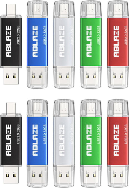 ABLAZE 32GB Type C Flash Drive 10 Pack, Dual USB 2.0+USB C Memory Stick Thumb Drive Compatible with iPhone 16/15, Android Smartphone, Computers, Tablets, Mac,iPad,PC
