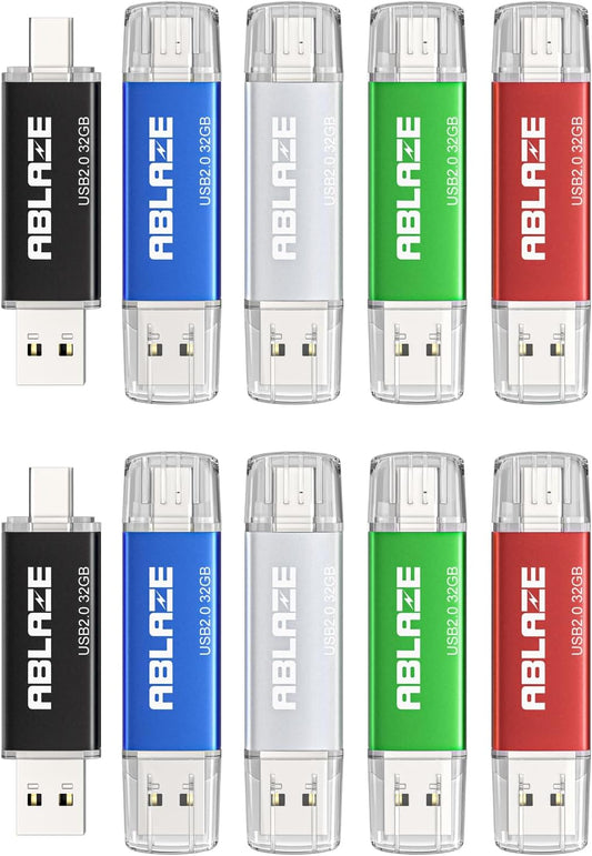 ABLAZE 32GB Type C Flash Drive 10 Pack, Dual USB 2.0+USB C Memory Stick Thumb Drive Compatible with iPhone 16/15, Android Smartphone, Computers, Tablets, Mac,iPad,PC