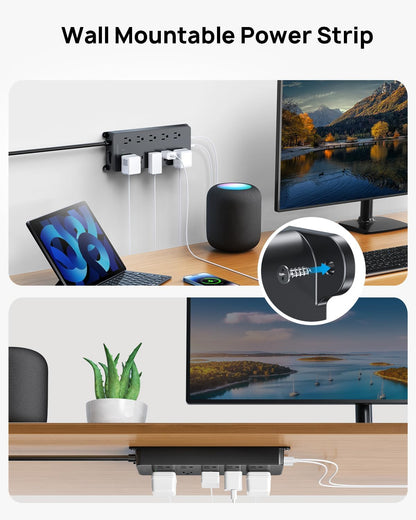 TROND Surge Protector Power Strip 10ft, 360° Rotating Flat Plug, 4000J, ETL Listed, 10 Widely Spaced Outlets, 2 USB A and 2 USB C, Wall Mountable, for Home Office Entertainment, Black