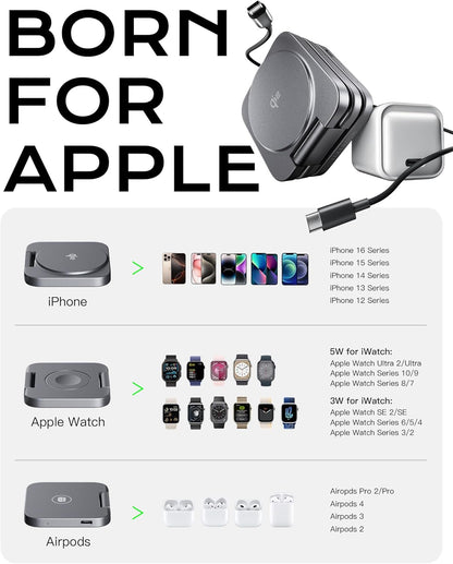 Qi2 Certified 3 in 1 Travel Charger MagSafe Compatible, Upgraded Foldable Wireless Charger Stand, Mag-Safe 3 in 1 Charging Station,15W Fast Charging for iPhone 17/16/15/14/13/12, Apple Watch, AirPods