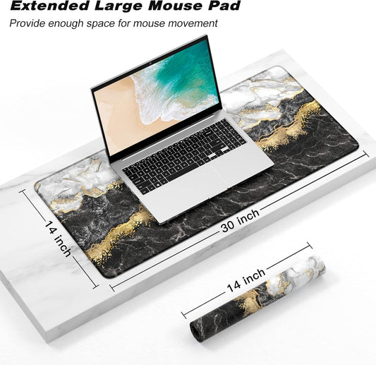 Extended Gaming Mouse Pad, XXL Large Mouse Mat 30 x 14 Inch, Big Computer Keyboard Mousepad, Waterproof Desk Pad with Stitched Edges and Non-Slip Base for Office Gaming, Black Cracked Marble