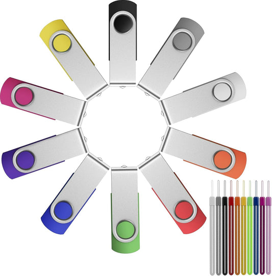 FEBNISCTE Memory Stick 1GB USB Flash Drive Bulk 10 Pack - Bulk 1 GB USB 2.0 Stick Pendrive Multi-Coloured Thumb Drive - Swivel USB-Key Value Data Storage Jump Drive with 10pcs Ropes