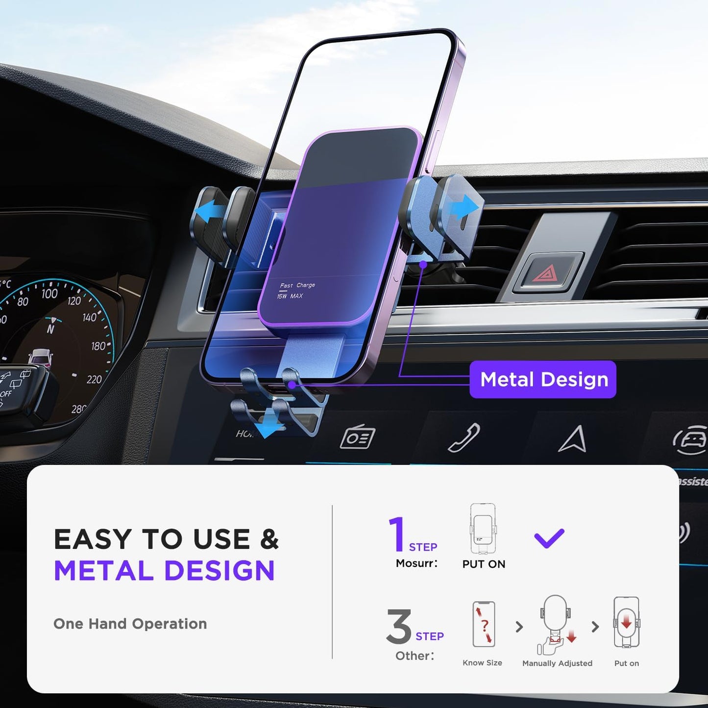 Wireless Car Charger,【7 Colored LED Backlit】15W Auto Clamping Car Charger Phone Mount Holder fit for iPhone 14 13 12 Mini Pro Max 11 XR XS X, Samsung Galaxy S23 Ultra S22 S21+ S10+ Note 20, etc - Blue