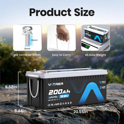 12V 200AH Bluetooth LiFePO4 Lithium Battery with Self-Heating, Built-in 200A BMS, Supports Low Temp Charging(-4°F), 5000+ Cycles, Perfect for RV/Camper, Solar, and Off-Grid Applications, etc.