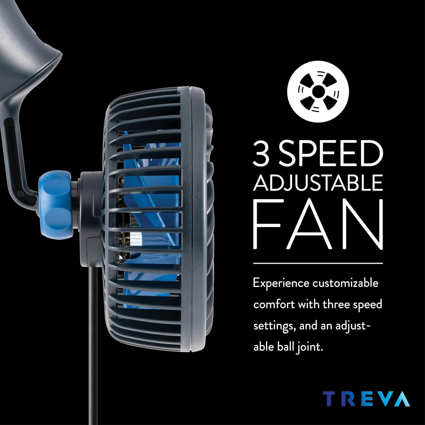 Treva 3.5 Inch USB Powered Fan with Suction Cup, 3 Speed Attachable Fan with Rotating Head for Car, Camping, Travel, Bedroom, Multi-Directional Rotating and Adjustable Head (Black)