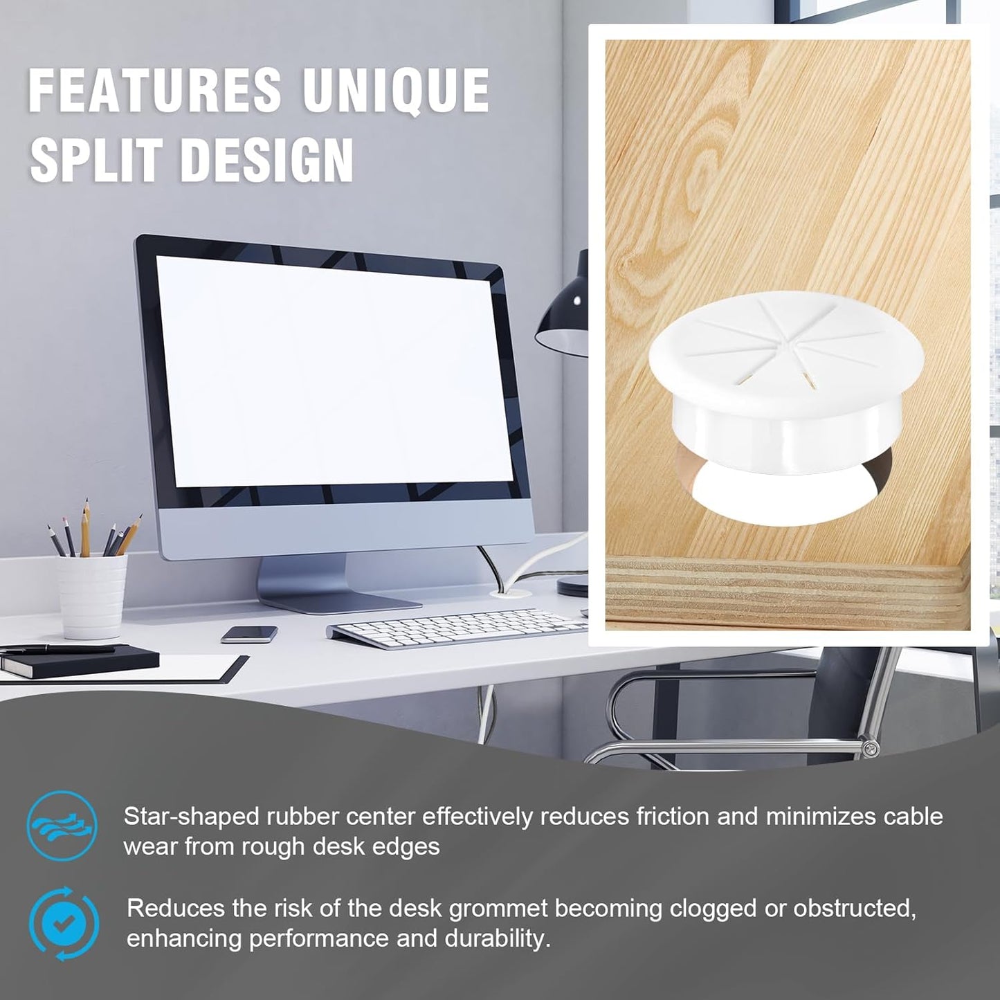 2-3/8" White Desk Grommet, JTemgle Flexible Cable Grommet Rubber Cable Hole Cover Wire Organizer Caps Desktop Cord Management for Home Office TV Stands Tabletops, 2 Pieces