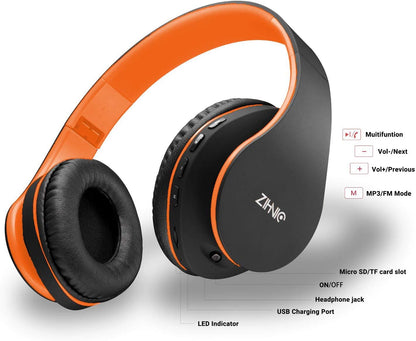 ZIHNIC Bluetooth Headphones Over-Ear, Foldable Wireless and Wired Stereo Headset Micro SD/TF, FM for Cell Phone,PC,Soft Earmuffs &Light Weight for Prolonged Wearing(Black/Orange)