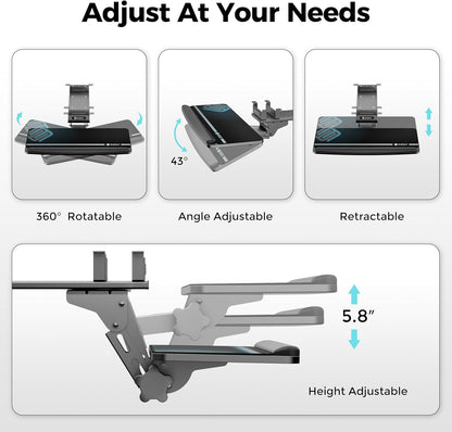 EUREKA ERGONOMIC Keyboard Tray Height Adjustable, Swivel Tilt Computer Keyboard Drawer Under Desk, 25x9.13'' Sliding Keyboard & Mouse Platform with Mouse Pad for Typing, Black