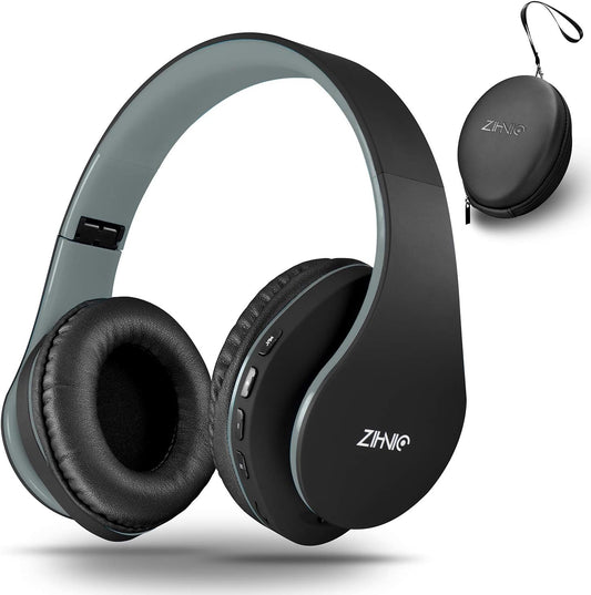ZIHNIC Bluetooth Headphones Over-Ear, Foldable Wireless and Wired Stereo Headset Micro SD/TF, FM for Cell Phone,PC,Soft Earmuffs &Light Weight for Prolonged Wearing(Black/Gray)