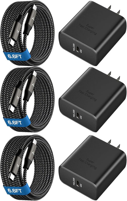 45W Super Fast Charger USB C, 45 Watt Type-C Android Phone Charger Fast Charging Block with 3X 6.6FT Type C Cords for Samsung Galaxy S25 Ultra/S24 Ultra/S24+/S23 Ultra/S23+/S22 Plus, Tab S9/S8 Ultra