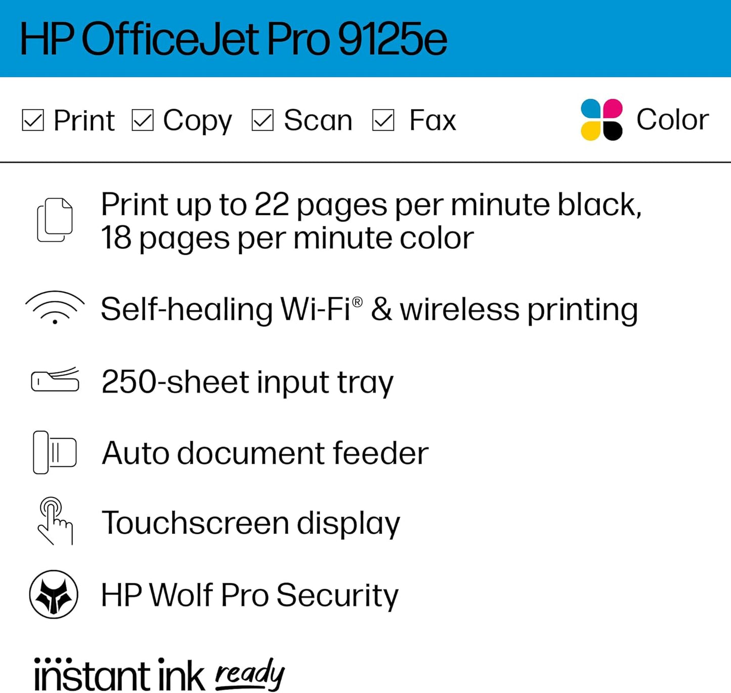 HP OfficeJet Pro 9125e All-in-One Printer, Color, Printer-for-Small Medium Business, Print, Copy, scan, fax,Touchscreen; Smart Advance Scan, 3 month Instant Ink trial included