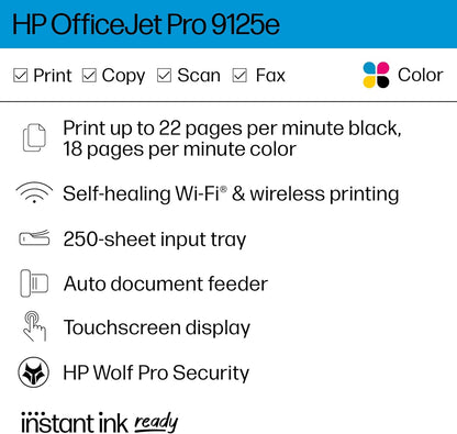 HP OfficeJet Pro 9125e All-in-One Printer, Color, Printer-for-Small Medium Business, Print, Copy, scan, fax,Touchscreen; Smart Advance Scan, 3 month Instant Ink trial included