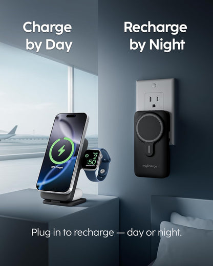 myCharge EcoHub 3 in 1 Apple Charging Station & Magsafe Battery Pack | Wireless Charger for iPhone, iWatch, AirPods | Magnetic Portable Charger with Wall Plug | Travel-Ready & Foldable
