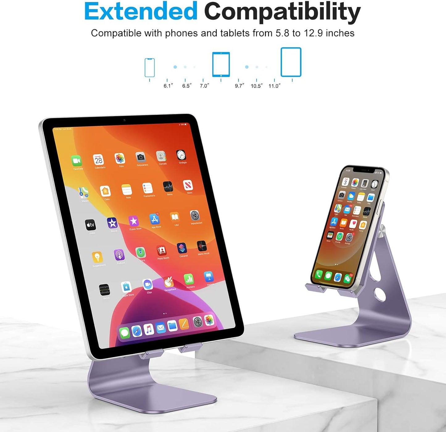 OMOTON Adjustable Tablet Stand for Desk, Upgraded Longer Arms for Greater Stability, T2 Tablet Holder with Hollow Design for Bigger Sized Phones and Tablets Such as iPad Pro/Air/Mini, Purple